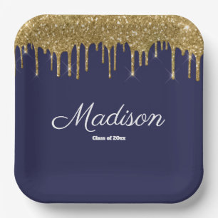 Navy Blue Gold Grad Graduation Party Class of 2024 Paper Plate