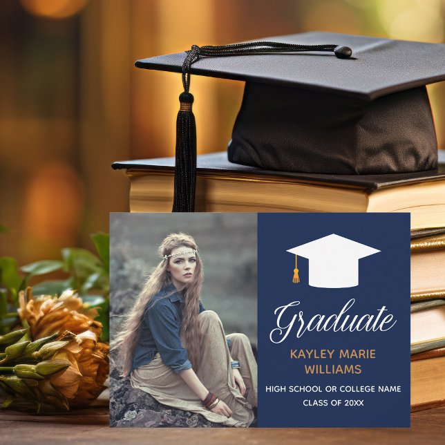 Navy Blue Gold Graduate Photo Modern Graduation Announcement (Creator Uploaded)