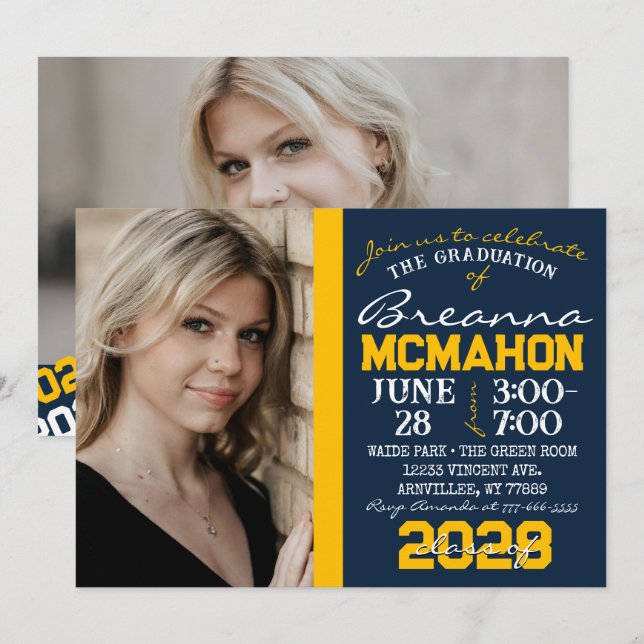 Navy Blue & Gold Graduation 2 Photo Invitation (Front/Back)