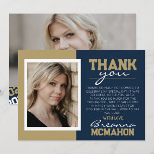 Navy Blue & Gold Graduation 2 Photo Thank You Card