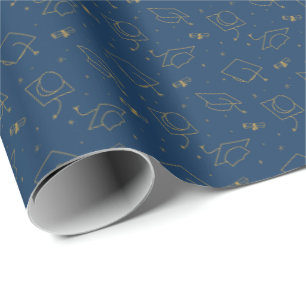 Navy Blue & Gold Graduation Cap Toss Wrapping Paper