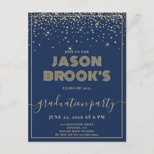 Navy Blue Gold Graduation Invitations (Front)