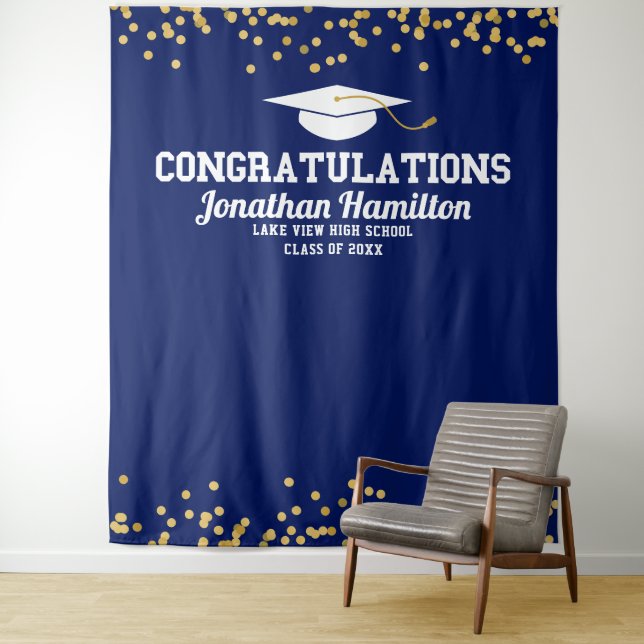 Navy Blue Gold Graduation Party Backdrop Tapestry (In Situ)