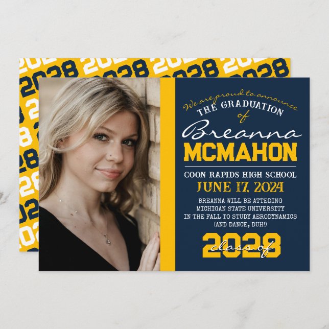 Navy Blue & Gold Graduation Photo Announcement (Front/Back)