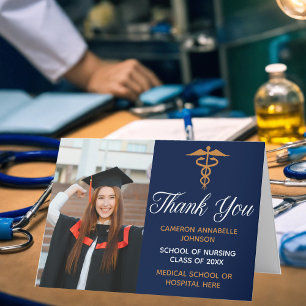Navy Blue Gold Graduation Photo Medical School Thank You Card