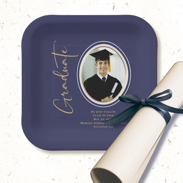 Navy Blue Gold Graduation Script Minimal Photo Paper Plate (Creator Uploaded)