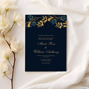 Navy blue gold grayish cyan foliage Wedding  Invitation