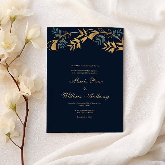 Navy blue gold grayish cyan foliage Wedding  Invitation (Navy blue gold grayish cyan foliage Wedding )