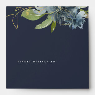 NAVY BLUE GOLD GREEN FLORAL WATERCOLOR ADDRESS ENVELOPE