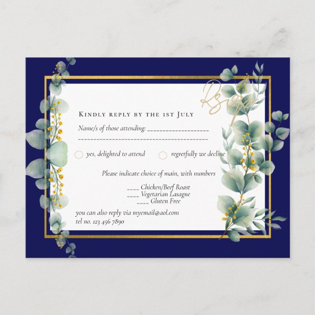 NAVY BLUE GOLD Greenery Eucalyptus Wedding RSVP Postcard (Front)