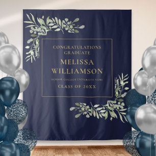 Navy Blue Gold Greenery Graduation Photo Backdrop Tapestry