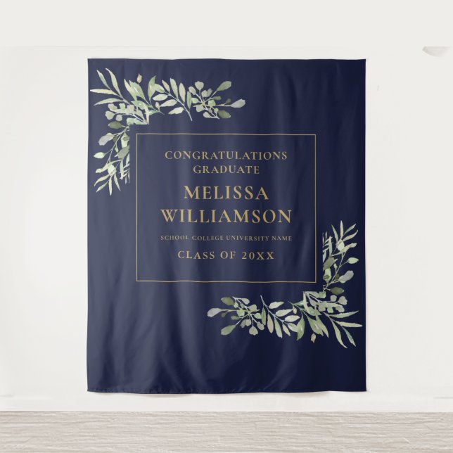 Navy Blue Gold Greenery Graduation Photo Backdrop Tapestry (Front)