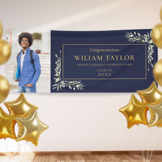 Navy Blue Gold Greenery Graduation Photo Congrats Banner (Creator Uploaded)