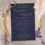 Navy Blue Gold Guest Wedding Weekend Program<br><div class="desc">Elegant navy blue and gold signature script wedding weekend program featuring signature style names. Personalise with your wedding weekend details set in chic white lettering. Designed by Thisisnotme©</div>