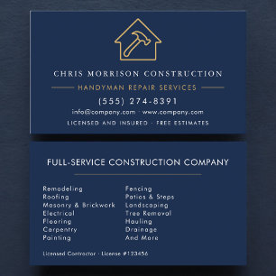 Navy Blue Gold Handyman Construction Business Card