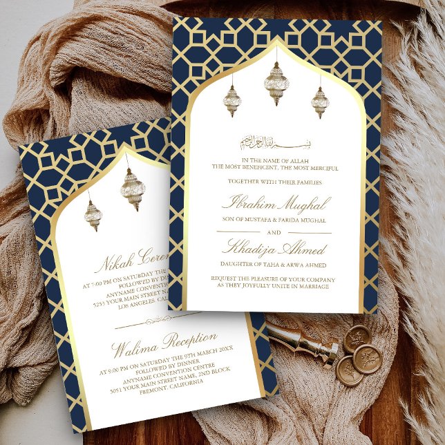 Navy Blue Gold Hanging Lanterns Muslim Wedding Invitation (Creator Uploaded)