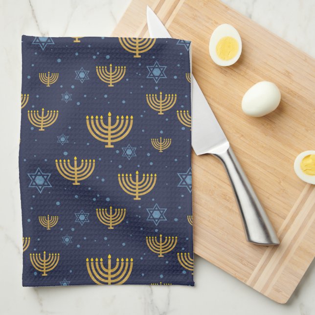 Navy Blue & Gold Hanukkah Menorah Pattern Tea Towel (Quarter Fold)