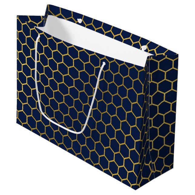 Navy Blue & Gold Hexagon Geometric Pattern Large Gift Bag (Front Angled)