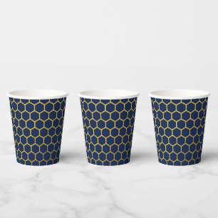 Navy Blue & Gold Hexagon Geometric Pattern Paper Cups