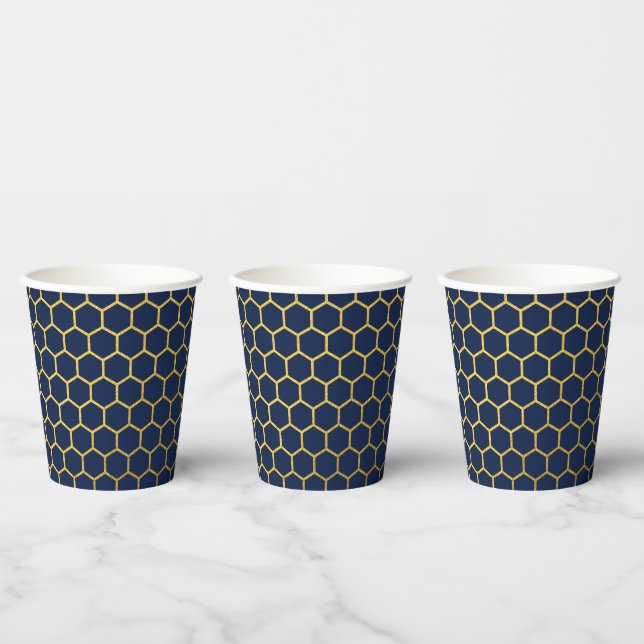 Navy Blue & Gold Hexagon Geometric Pattern Paper Cups (Multi)