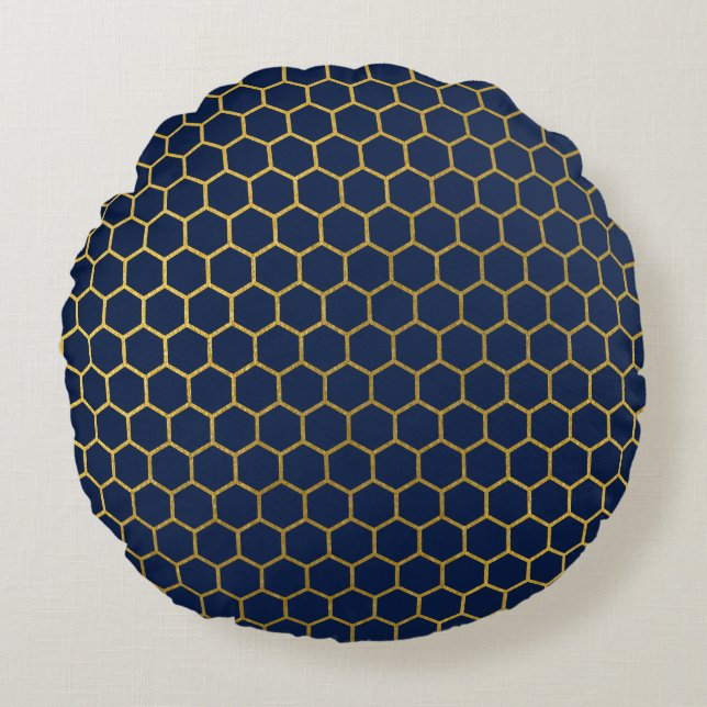 Navy Blue & Gold Hexagon Geometric Pattern Round Cushion (Front)
