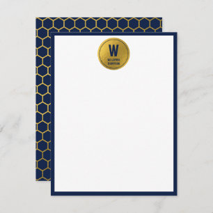 Navy Blue & Gold Hexagon Pattern Monogram Initial Card