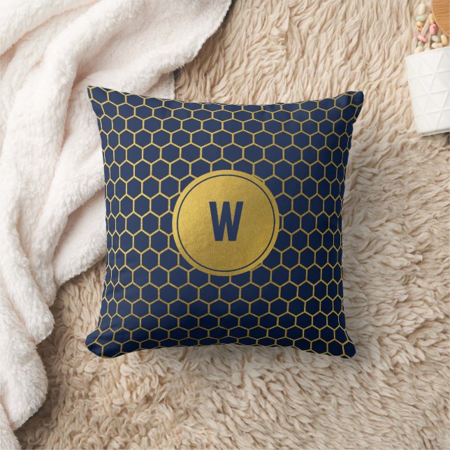 Navy Blue & Gold Hexagon Pattern Monogram Initial Cushion (Blanket)