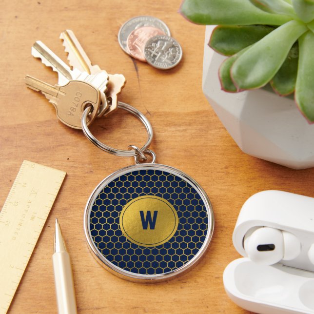 Navy Blue Gold Hexagon Pattern Monogrammed Initial Key Ring (Desk)