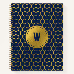 Navy Blue Gold Hexagon Pattern Monogrammed Initial Notebook