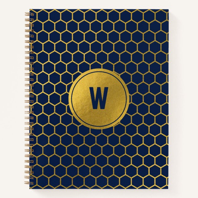 Navy Blue Gold Hexagon Pattern Monogrammed Initial Notebook (Front)