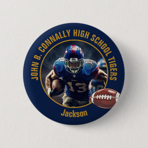 Navy Blue Gold High School Football Player Photo 6 Cm Round Badge