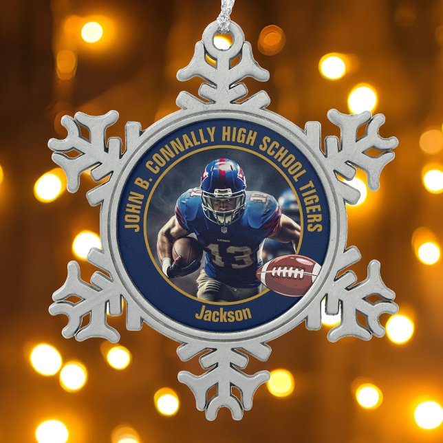 Navy Blue Gold High School Football Player Photo Snowflake Pewter Christmas Ornament (Creator Uploaded)
