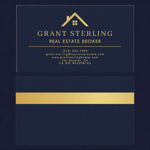 Navy Blue Gold House Real Estate Broker  Business Card