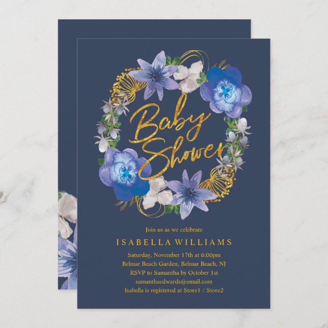Navy Blue Gold Hydrangeas Floral Baby Shower Invitation (Front/Back)