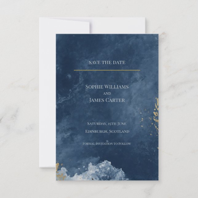 Navy Blue Gold Ink Luxury Scottish Wedding Save The Date (Front)