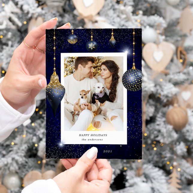 Navy Blue Gold Jewel Ornament Photo Holiday Card (Creator Uploaded)