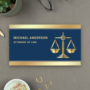 Navy Blue Gold Justice Scale Lawyer Attorney Business Card