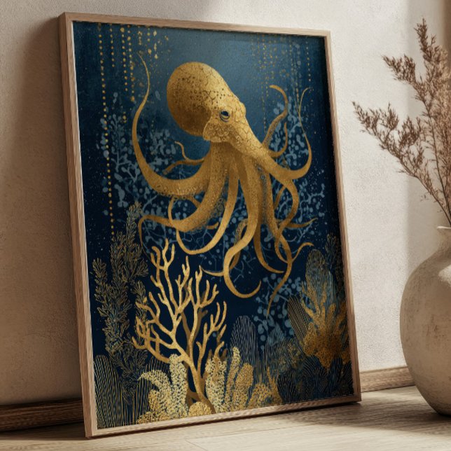 Navy Blue& Gold Kintsugi Octopus Underwater  Poster (Creator Uploaded)