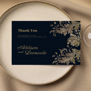 Navy blue gold lace floral luxury Thank You Invitation