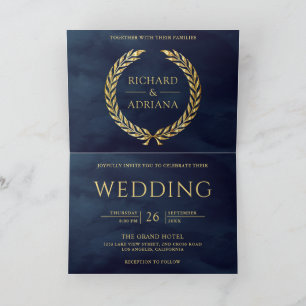Navy Blue Gold Laurel Minimal QR Code Wedding Invitation
