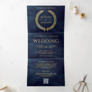 Navy Blue Gold Laurel Minimal QR Code Wedding Tri-Fold Invitation