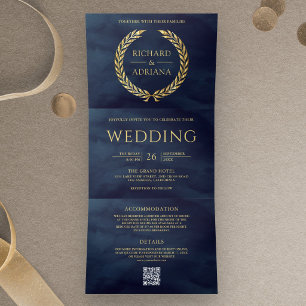 Navy Blue Gold Laurel Minimal QR Code Wedding Tri-Fold Invitation