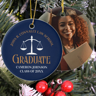 Navy Blue Gold Law School Graduation Christmas Ceramic Tree Decoration
