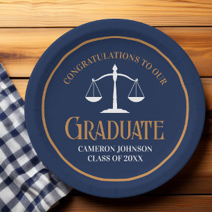 Navy Blue Gold Law School Graduation Party Paper Plate