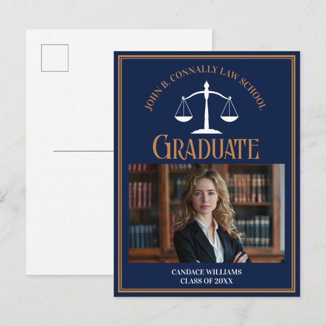 Navy Blue Gold Law School Graduation Photo Announcement Postcard (Front/Back)