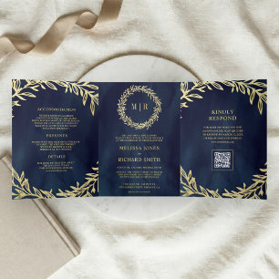 Navy Blue Gold Leaf Branch QR Code Wedding Tri-Fold Invitation