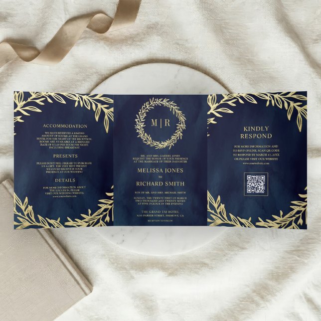 Navy Blue Gold Leaf Branch QR Code Wedding Tri-Fold Invitation (Creator Uploaded)