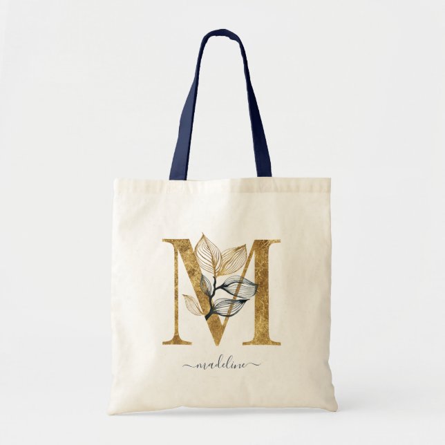 Navy Blue Gold Leaf Modern Monogram Letter "M" Tote Bag (Front)