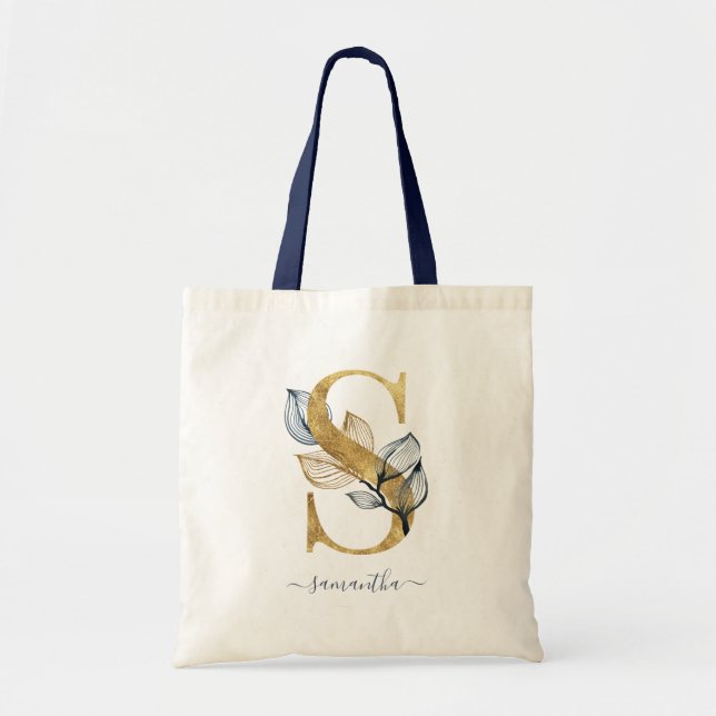 Navy Blue Gold Leaf Modern Monogram Letter "S" Tote Bag (Front)