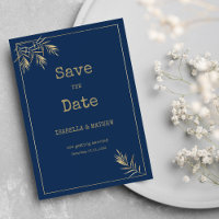 Navy blue gold leaf typewriter font Save the Date